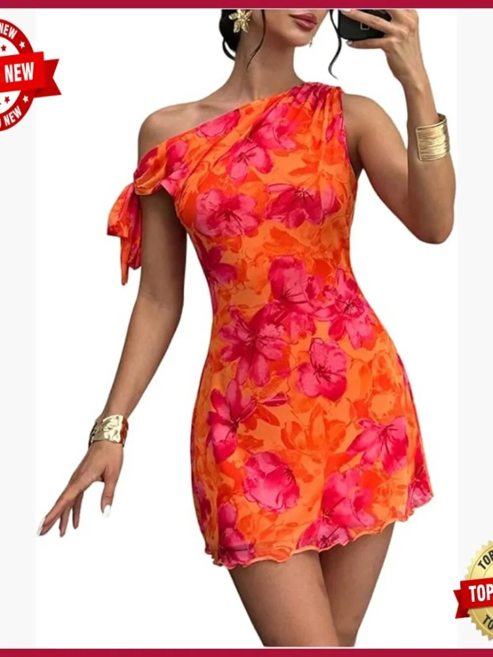 One Shoulder Asymmetrical Hem Bodycon Mini Dress Floral Print